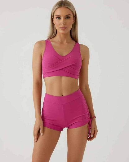 Kolo Set by RAMBLION - vibrant pink sleeveless crop top and high waist shorts, perfect for summer outings.
