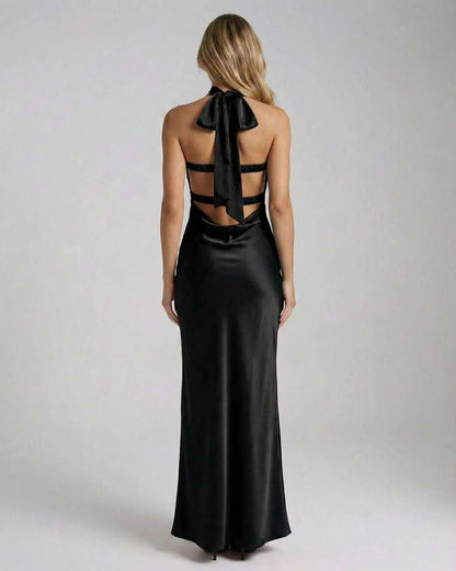 Kolu Maxi Dress, black satin, elegant back design, perfect for evening occasions, RAMBLION brand.