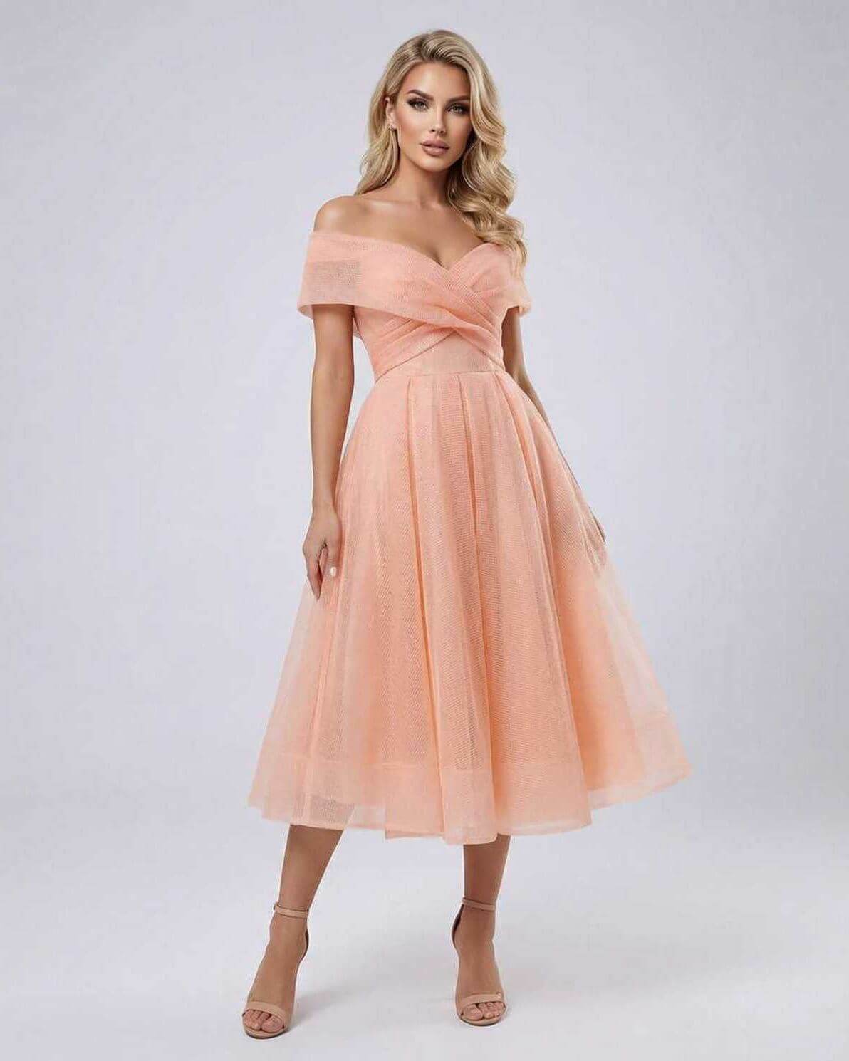 Kome Midi Dress in orange, off-shoulder style, 100% polyester, perfect for modern elegance and special occasions by RAMBLION.