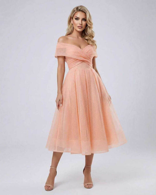 Kome Midi Dress in orange, off-shoulder style, 100% polyester, perfect for modern elegance and special occasions by RAMBLION.