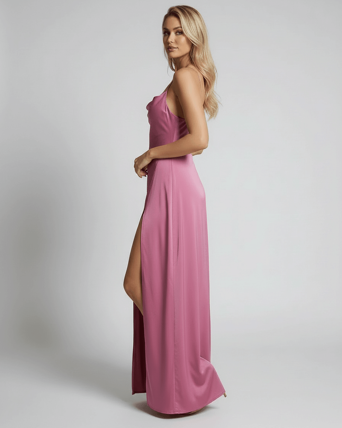 Rose Satin A-line Round Neck Sleeveless Maxi Dress | Guest of Wedding, side view | Ramblion | SKU: SMD-48271-rose-L-8775,SMD-48271-rose-M-9948,SMD-48271-rose-S-4280,SMD-48271-rose-XL-1651,SMD-48271-rose-XS-4795