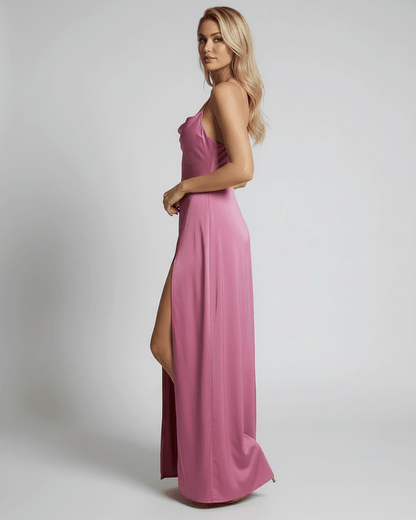 Rose Satin A-line Round Neck Sleeveless Maxi Dress | Guest of Wedding, side view | Ramblion | SKU: SMD-48271-rose-L-8775,SMD-48271-rose-M-9948,SMD-48271-rose-S-4280,SMD-48271-rose-XL-1651,SMD-48271-rose-XS-4795