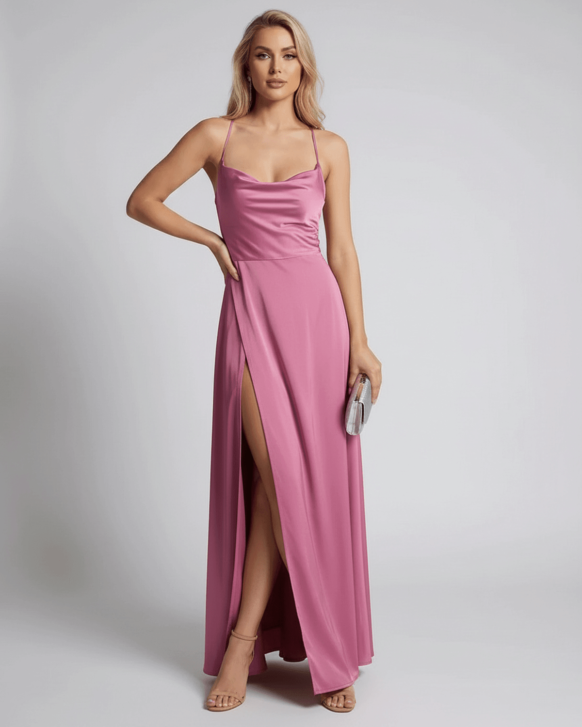 Rose Satin A-line Round Neck Sleeveless Maxi Dress | Guest of Wedding, front view | Ramblion | SKU: SMD-48271-rose-L-8775,SMD-48271-rose-M-9948,SMD-48271-rose-S-4280,SMD-48271-rose-XL-1651,SMD-48271-rose-XS-4795
