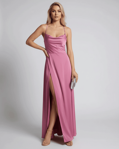 Rose Satin A-line Round Neck Sleeveless Maxi Dress | Guest of Wedding, front view | Ramblion | SKU: SMD-48271-rose-L-8775,SMD-48271-rose-M-9948,SMD-48271-rose-S-4280,SMD-48271-rose-XL-1651,SMD-48271-rose-XS-4795