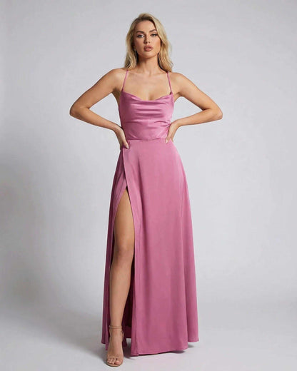 Rose Satin A-line Round Neck Sleeveless Maxi Dress | Guest of Wedding, front view | Ramblion | SKU: SMD-48271-rose-L-8775,SMD-48271-rose-M-9948,SMD-48271-rose-S-4280,SMD-48271-rose-XL-1651,SMD-48271-rose-XS-4795