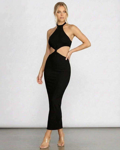 Komo Midi Dress by RAMBLION, black halter neck, chic minimalism, perfect for warm evenings and special gatherings.
