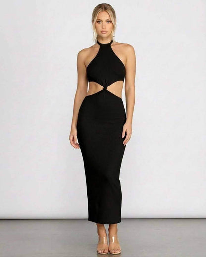 Komo Midi Dress by RAMBLION, black halter midi dress showcasing a sleek silhouette, perfect for warm evenings and special occasions.