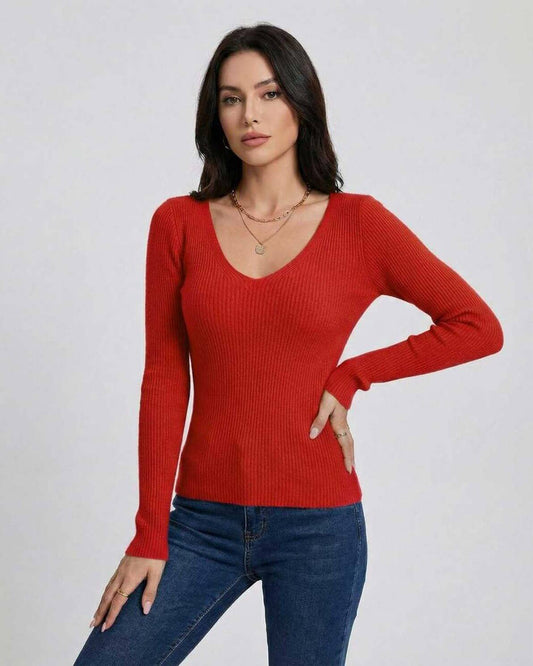 Kyma Pullover women’s red V-neck sweater by RAMBLION, long sleeve, cozy fit, perfect for fall and winter occasions.