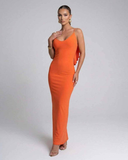 Laia Maxi Dress in vibrant orange, ankle-length satin, V neck style, perfect for chic occasions by RAMBLION.