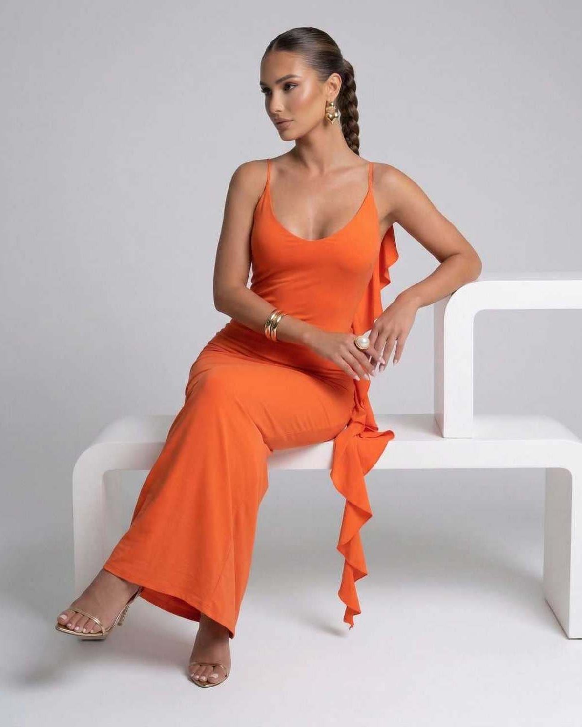 Laia Maxi Dress in vibrant orange satin, elegant ankle-length design by RAMBLION, perfect for special occasions.