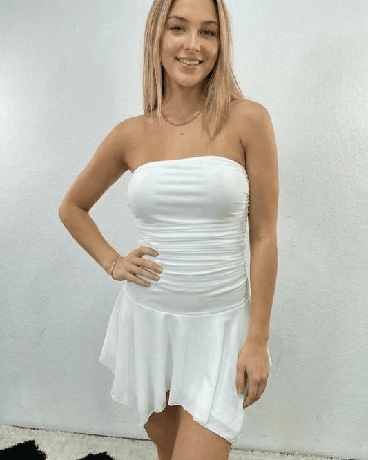 Laia Mini Dress - White, strapless, cotton blend, sophisticated ruching, versatile casual wear by RAMBLION.