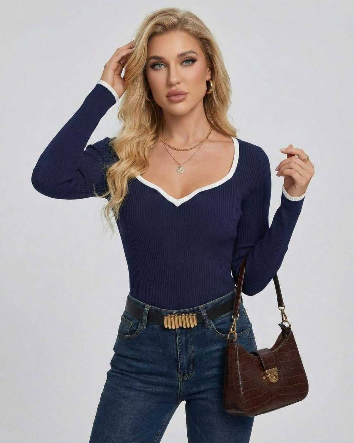 Laia Sweater, navy ribbed knit, V neck, elegant comfort, versatile style by RAMBLION.