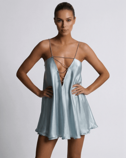 Lampedusa Mini Dress in blue satin, V neck, A-line silhouette for a stylish summer look by RAMBLION.