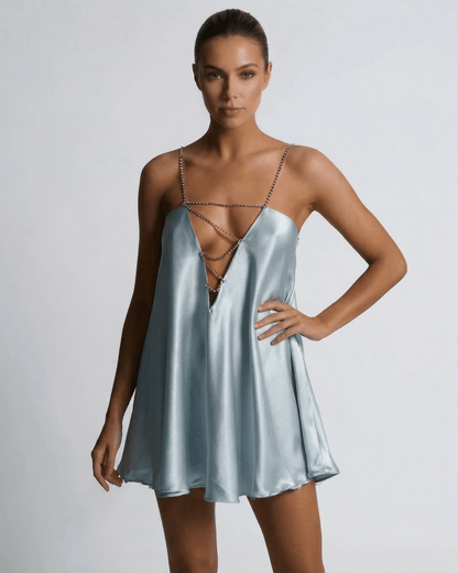 Lampedusa Mini Dress - Blue satin A-line, V neck, elegant and stylish evening wear by RAMBLION.