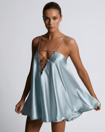 Lampedusa Mini Dress in blue satin, V neck, A-line silhouette by RAMBLION, perfect for summer occasions.