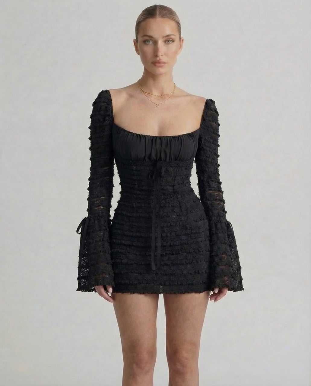 Lampione Maxi Dress: Black ankle-length satin dress, square neck, elegant fit, by RAMBLION, perfect for special occasions.