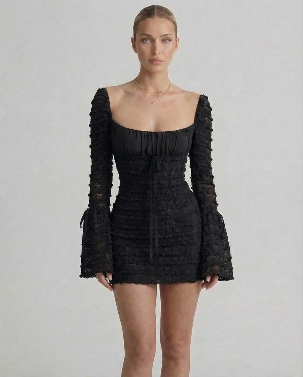 Lampione Maxi Dress featuring a black design, square neck, luxurious texture, perfect for elegant occasions by RAMBLION.