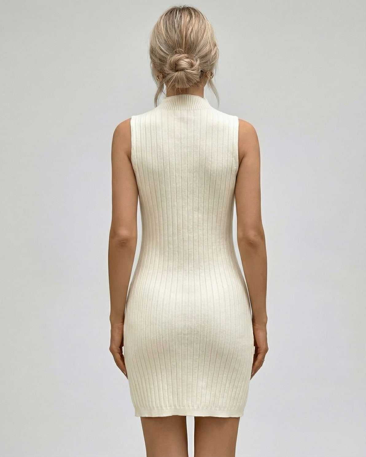 Lamu Mini Dress by RAMBLION, white sleeveless mini dress with ribbed texture, perfect for stylish day or evening wear.