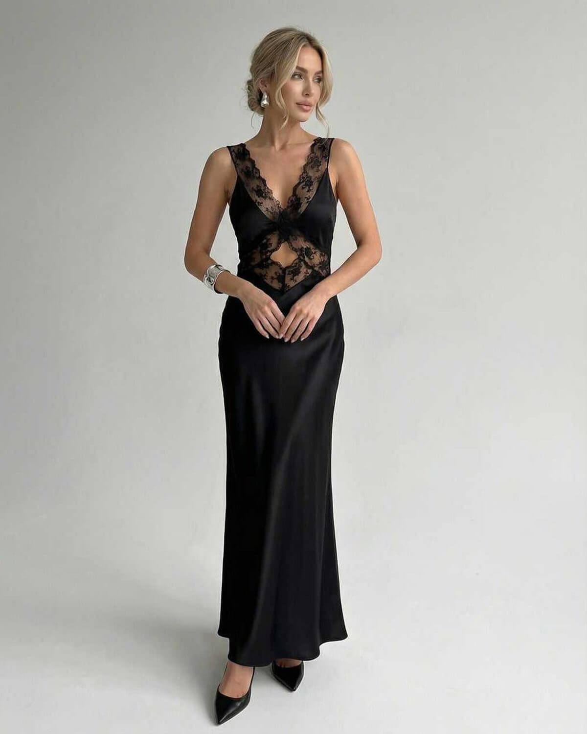 Lana Maxi Dress featuring a V-neckline, elegant lace details, perfect for chic occasions, by RAMBLION.