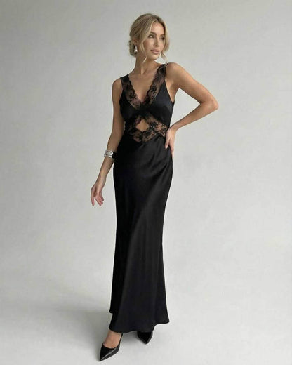Lana Maxi Dress by RAMBLION, black ankle-length V-neck with delicate spaghetti straps, perfect for chic occasions.