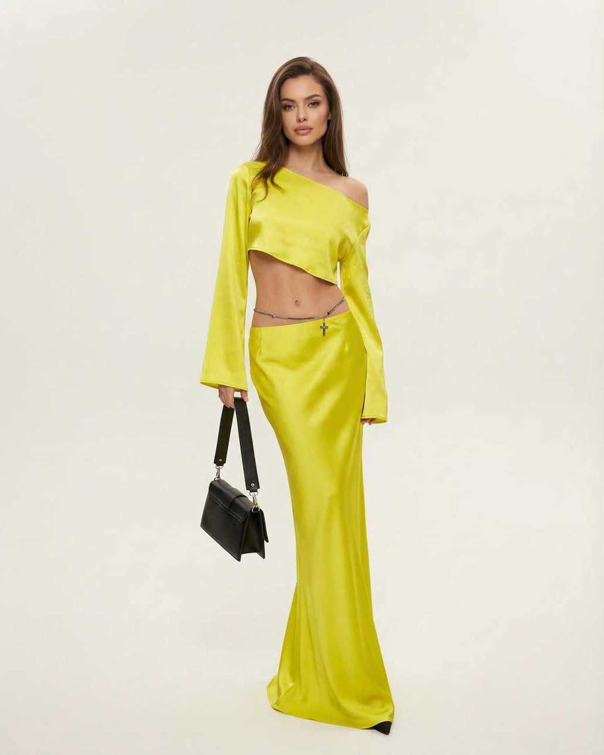 Lana Midi Dress by RAMBLION, vibrant yellow, slash neckline, modern silhouette, perfect for bold occasions.
