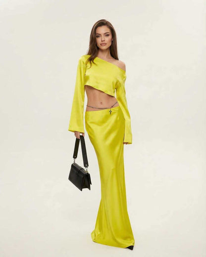 Lana Midi Dress by RAMBLION, vibrant yellow, slash neckline, modern silhouette, perfect for bold occasions.