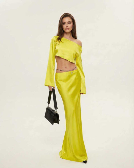 Lana Midi Dress by RAMBLION, vibrant yellow, slash neckline, modern silhouette, perfect for bold occasions.