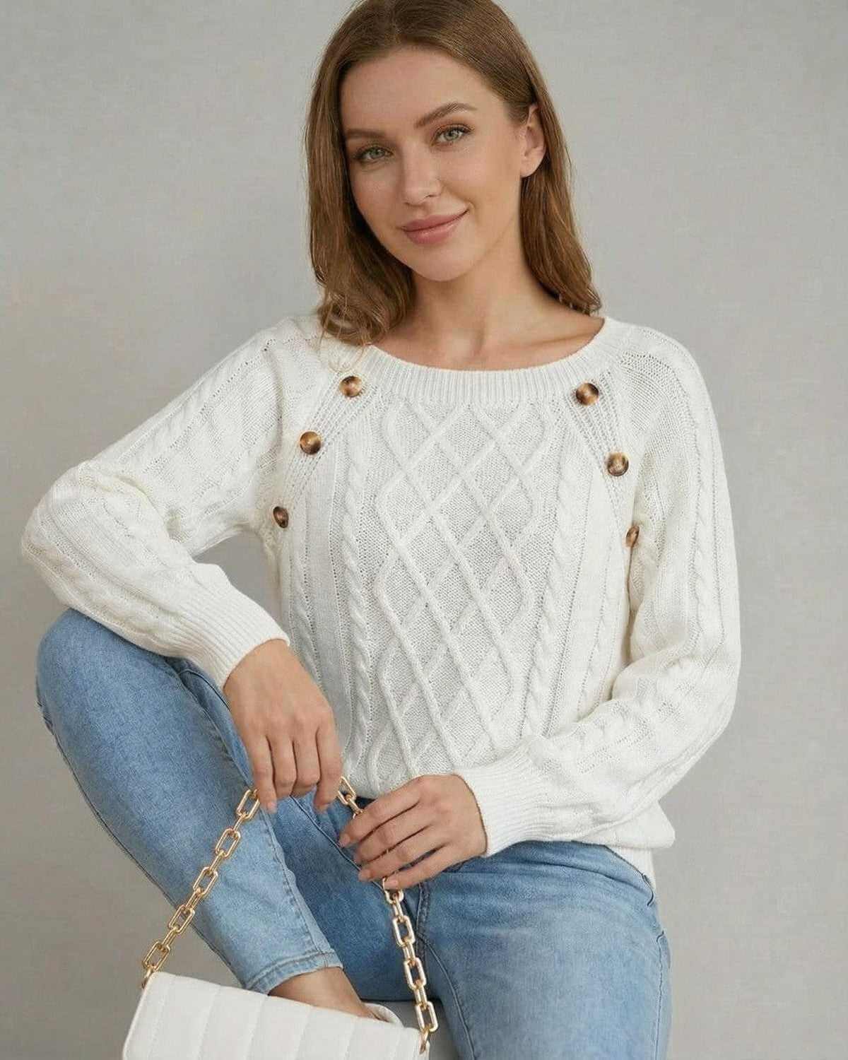 Lana Pullover by RAMBLION, white cable knit sweater with square collar, perfect for casual occasions.