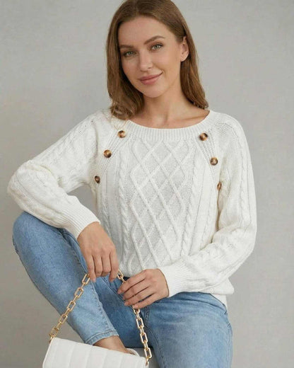 Lana Pullover by RAMBLION, white cable knit sweater with square collar, perfect for casual occasions.