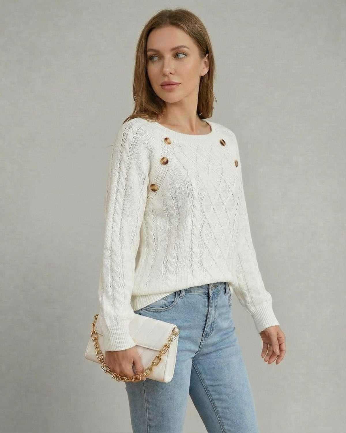 Lana Pullover with stunning cable knit pattern, white color, chic design by RAMBLION, perfect for casual occasions.
