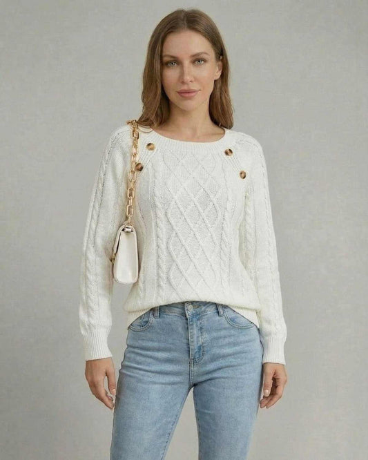 Lana Pullover featuring a chic cable knit pattern, white color, and square collar, perfect for casual occasions by RAMBLION.