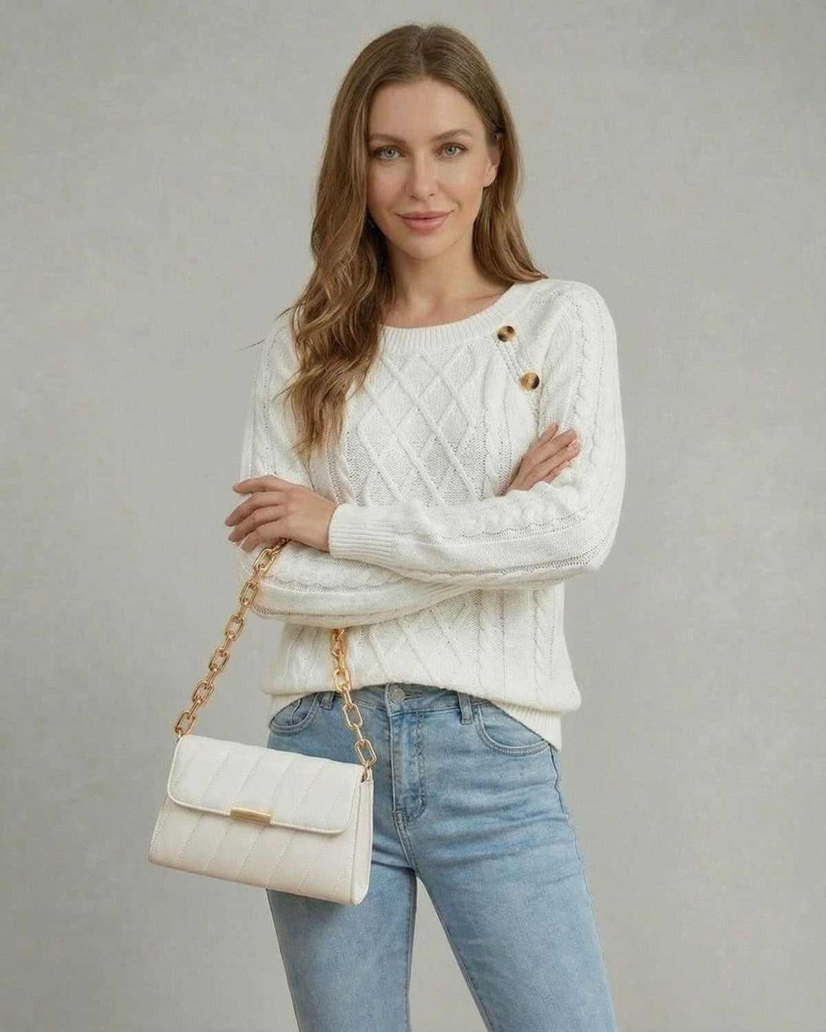 Lana Pullover by RAMBLION featuring a chic cable knit in white, perfect for casual occasions with a contemporary edge.