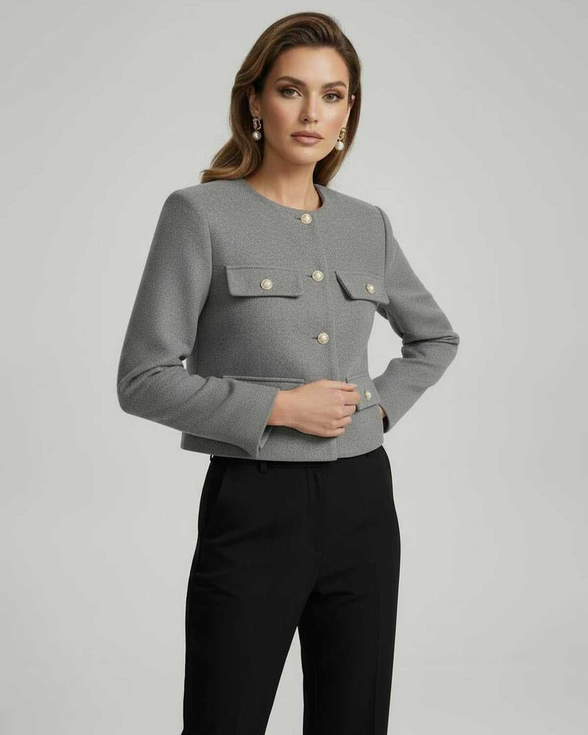 Lane Jacket by RAMBLION, grey wool blend, tailored silhouette, elegant for any occasion.