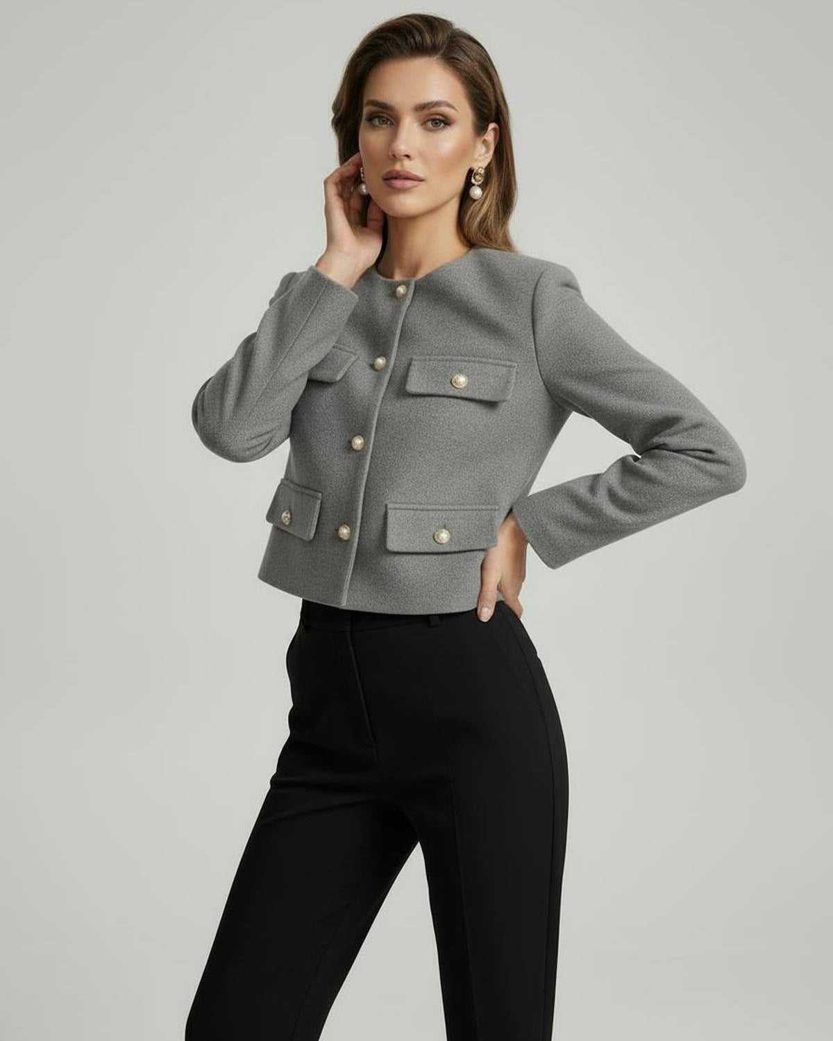 Lane Jacket by RAMBLION, grey wool blend, tailored fit, elegant style, perfect for chic occasions.