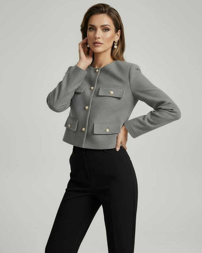 Lane Jacket by RAMBLION, grey wool blend, tailored fit, elegant style, perfect for chic occasions.