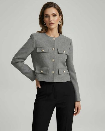 Lane Jacket by RAMBLION, tailored grey wool blend, stylish cropped silhouette, perfect for elegant occasions.