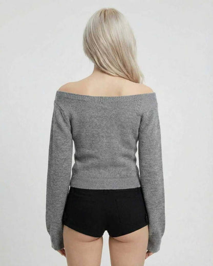 Lane Sweater, grey off-shoulder long sleeve, stylish and comfortable for casual outings, RAMBLION brand.