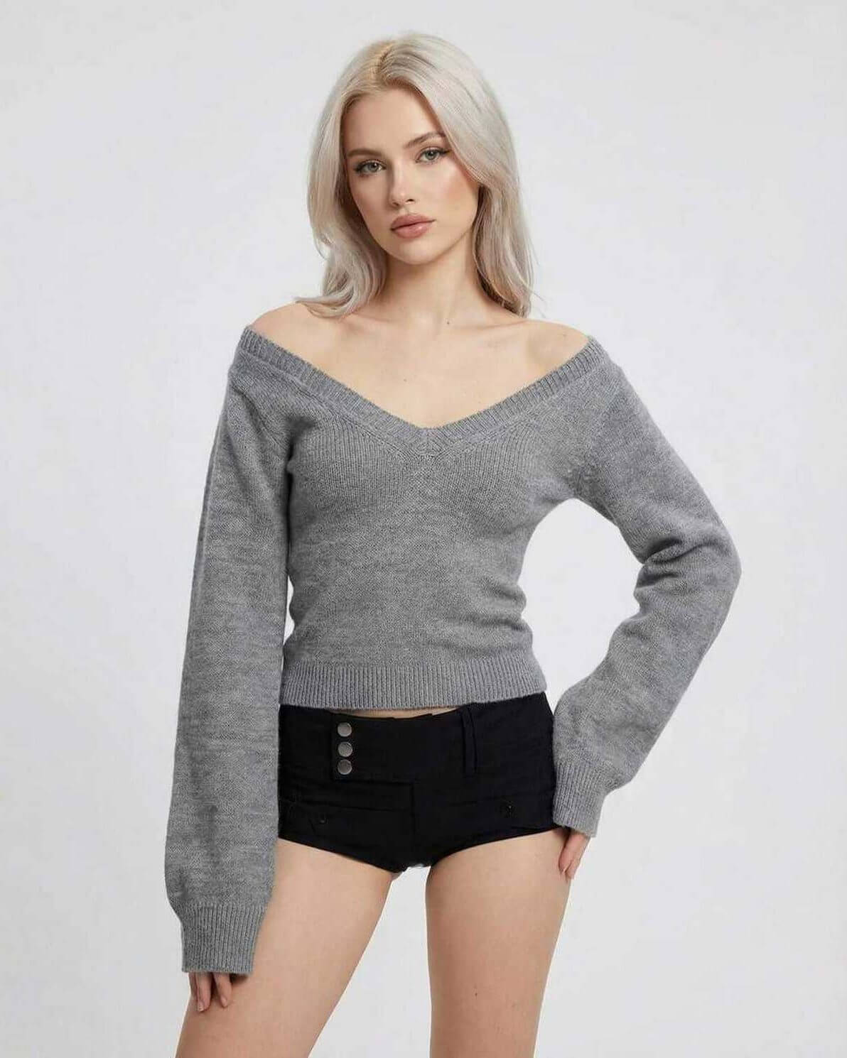 Lane Sweater by RAMBLION in grey, featuring V-neck design for a stylish, comfortable look perfect for cool occasions.