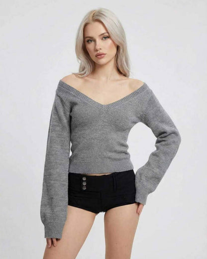Lane Sweater by RAMBLION in grey, featuring V-neck design for a stylish, comfortable look perfect for cool occasions.
