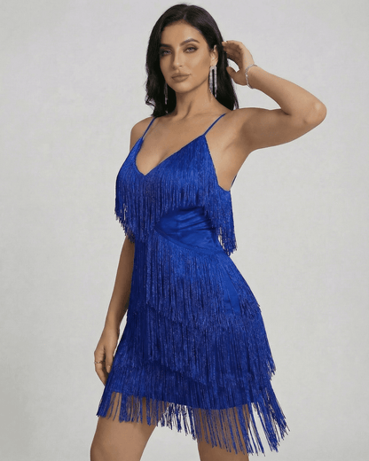 Lanu Mini Dress - Blue V-neck, layered fringe, high-waist, chic look by RAMBLION, perfect for parties.