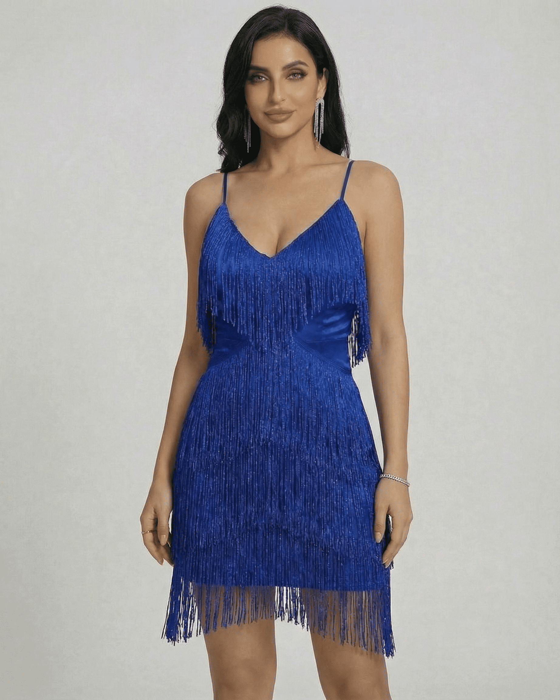 Lanu Mini Dress in blue, featuring V-neck, layered fringe, high-waisted design by RAMBLION for a standout look.