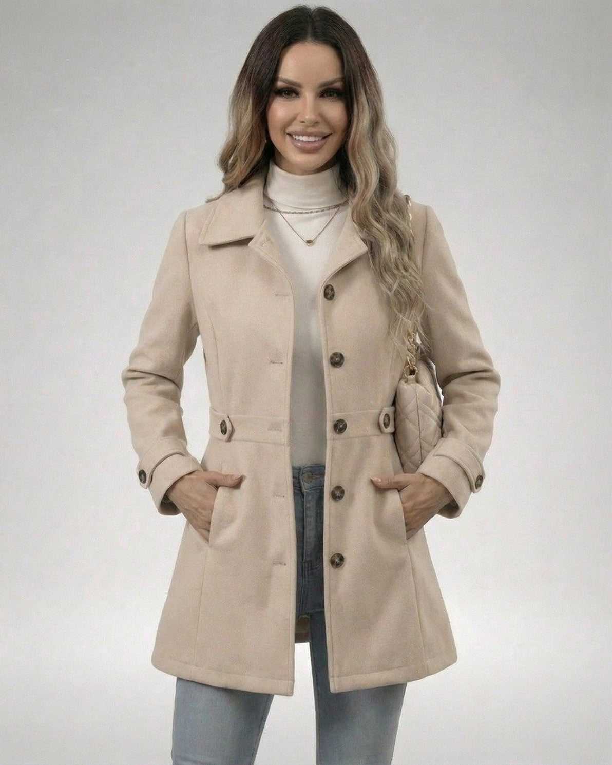 Woman wearing the Latte Sculpt Jacket, a beige slim fit jacket with a tailored silhouette and comfortable design.
