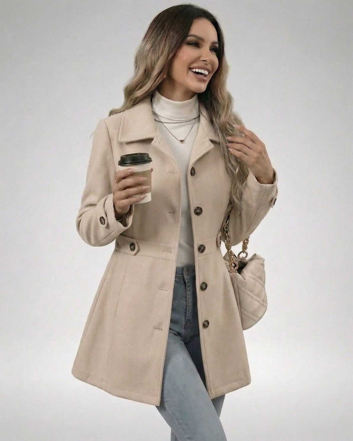 Woman wearing a Latte Sculpt Jacket in beige, styled with a coffee cup, showcasing a slim fit and elegant design.