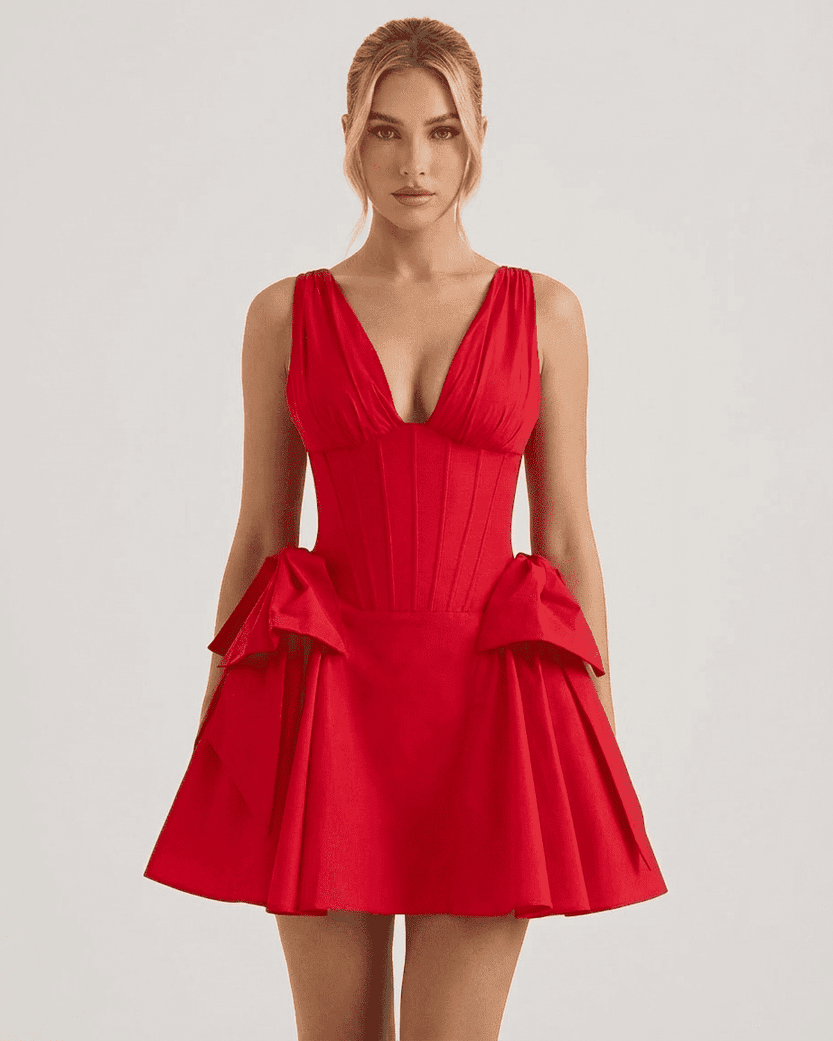 Aurora Mini Dress by RAMBLION, V-neck red corset puff party dress with playful skirt and structured bodice.