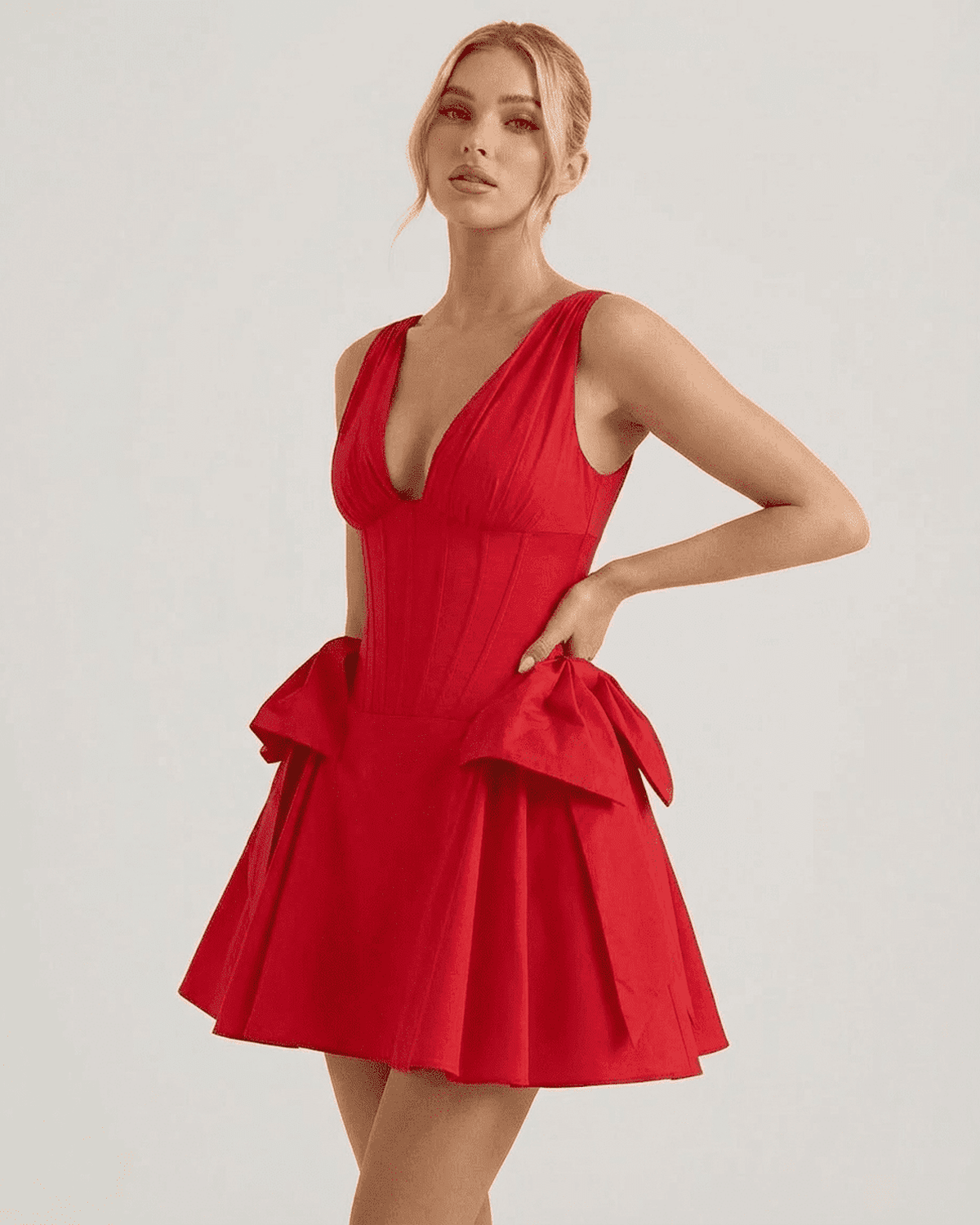 Aurora Mini Dress by RAMBLION - V-neck red corset party mini dress with pouf skirt, stylish and elegant.
