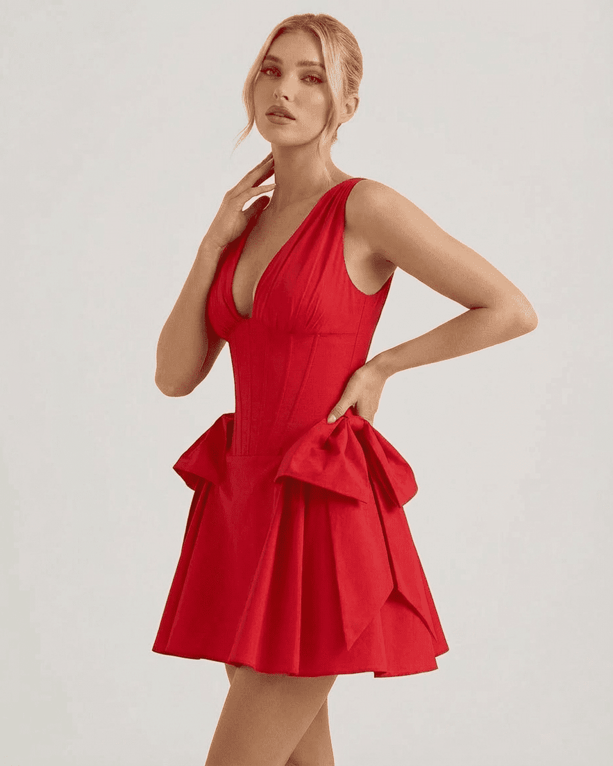 Aurora Mini Dress by RAMBLION - V-neck corset red mini dress with pouf skirt for a chic party look.