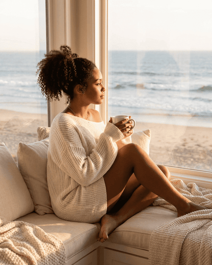 Woman enjoying coffee in a cozy setting, wearing the Aurora Mini Dress by RAMBLION.