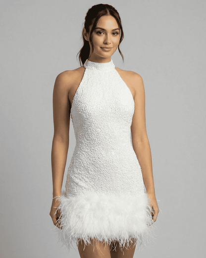 Bianca Mini Dress by RAMBLION - white sequin halter bodycon dress featuring a fuzzy hem and sleek silhouette.