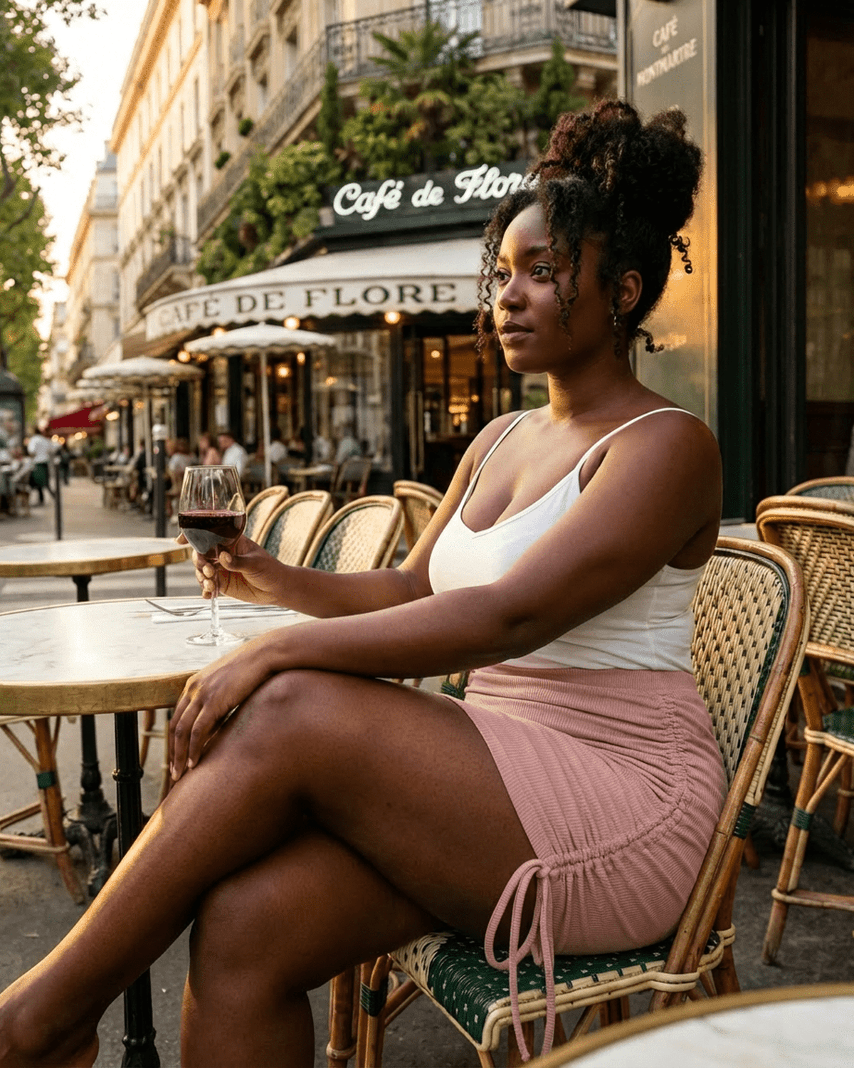 Woman in a blush mini skirt by RAMBLION, enjoying a drink at Café de Flore, showcasing feminine style and confidence.