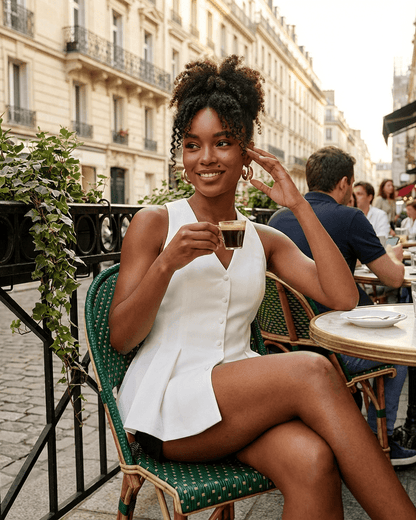 Model wearing Celeste Blouse by RAMBLION, enjoying coffee at a Parisian café.